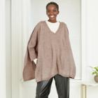 Women's V-neck Poncho Sweater - A New Day Walnut Heather One Size, Grey/brown