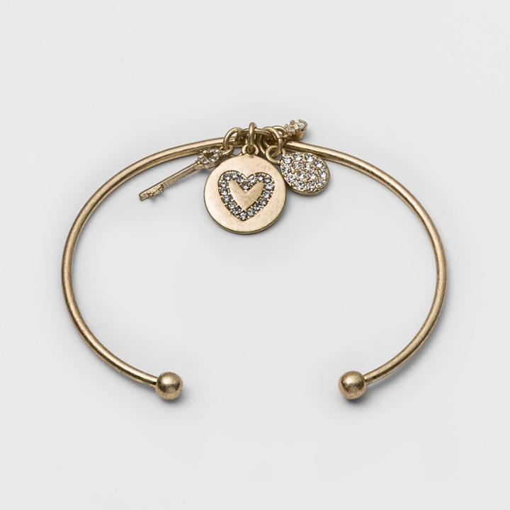 Target Women's Open Cuff Bracelet With Heart Coin, Key, And Pave Disc - Gold