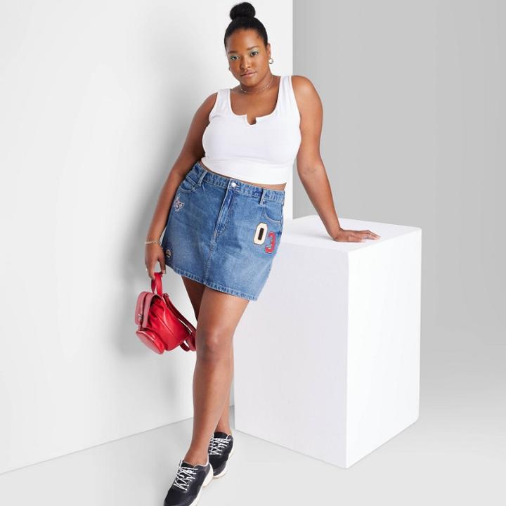 Women's Plus Size Low-rise Denim Mini Skirt - Wild Fable Medium Wash Patches 14w, Medium Blue Patches