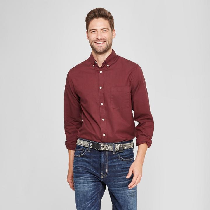 Men's Standard Fit Whittier Oxford Brushed Long Sleeve Collared Button-down Shirt - Goodfellow & Co Berry Cobbler
