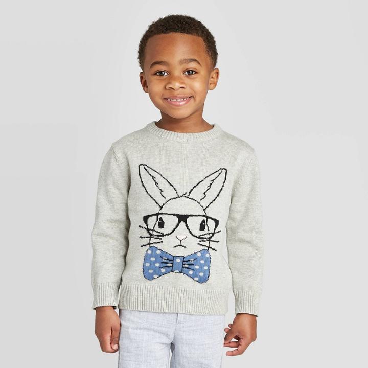 Toddler Boys' Crew Neck Bunny Pullover Sweater - Cat & Jack Heather Gray 12m, Toddler Boy's