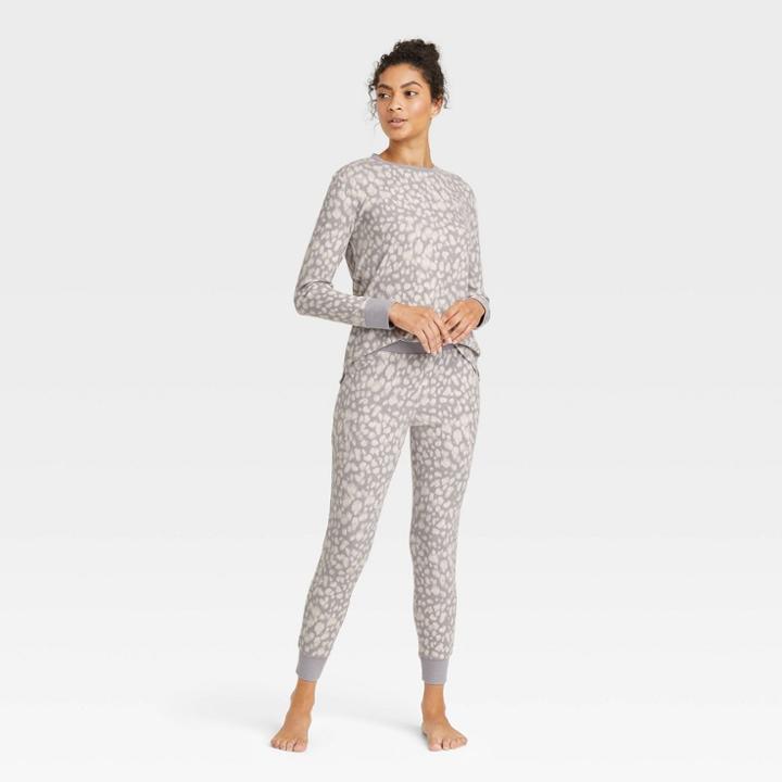 Women's Thermal Pajama Set - Stars Above Leopard Print Gray