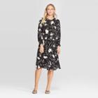 Women's Floral Print Long Sleeve Scoop Neck Front Button-down A Line Midi Dress - Who What Wear Black/white