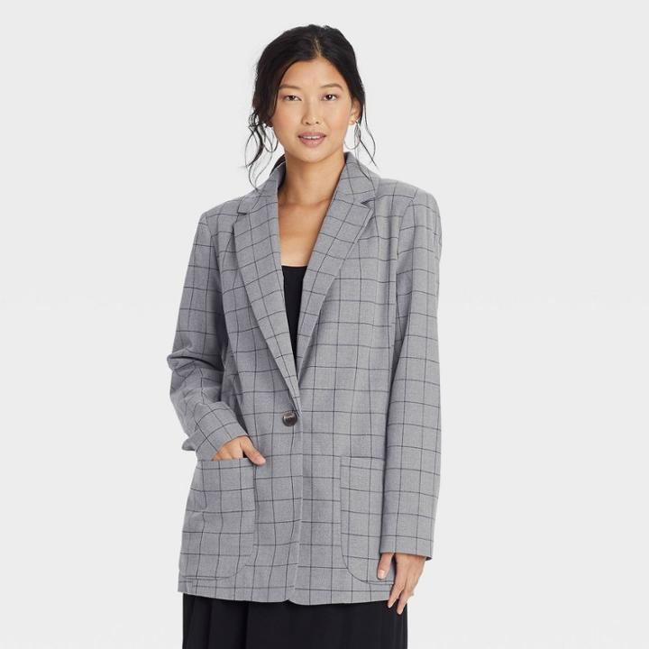 Women's Plaid Blazer - A New Day Gray