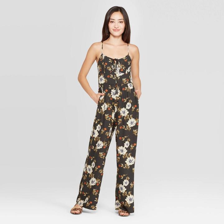 Women's Floral Print Sleeveless Deep V-neck Tie Front Jumpsuit - Xhilaration Black