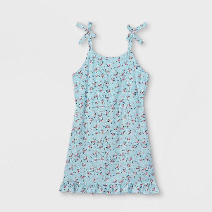 Girls' Floral Shoulder Tie Sleeveless Dress - Art Class Blue