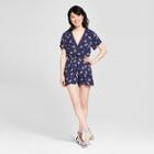 Women's Short Sleeve Floral Wrap Romper - Xhilaration Navy (blue)/orange Floral