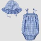 Baby Girls' Gingham Bubble Romper With Hat - Just One You Made By Carter's Blue Newborn