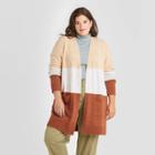 Women's Plus Size Color Block Open-front Cozy Cardigan - A New Day Cream/white/brown 1x, Ivory/white/brown