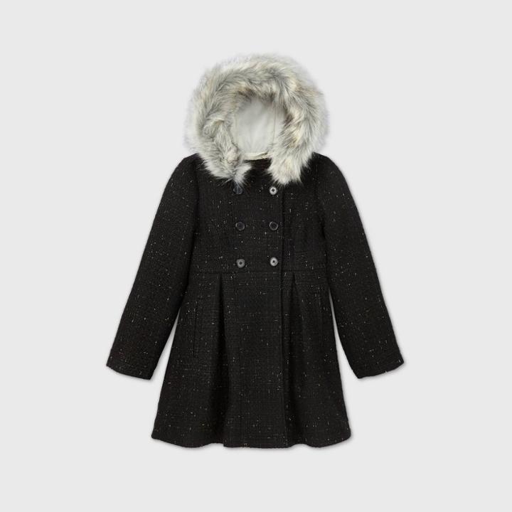 Girls' Fleck Wool Trim Faux Fur Jacket - Cat & Jack Black
