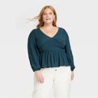 Women's Plus Size Long Sleeve Embroidered Blouse - Knox Rose Teal Blue