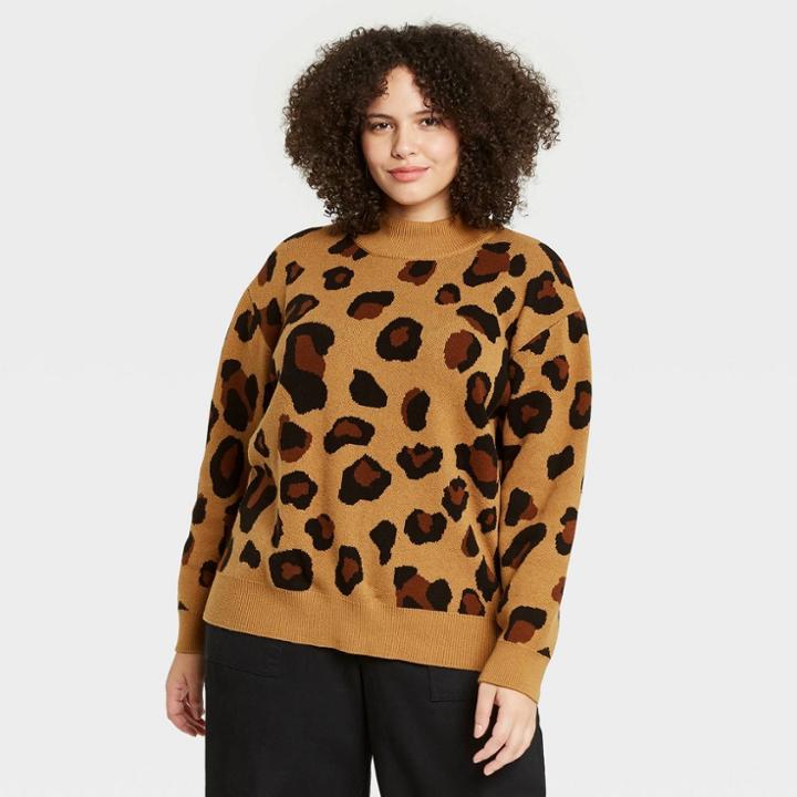 Women's Plus Size Leopard Print Turtleneck Pullover Sweater - Who What Wear Brown