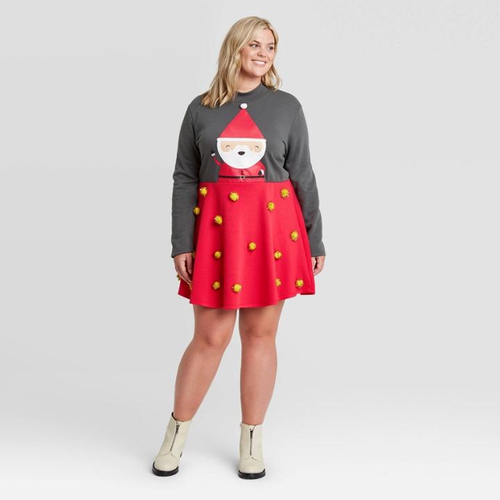 Mighty Fine Women's Plus Size Santa Pom Pom Long Sleeve Dress - Red