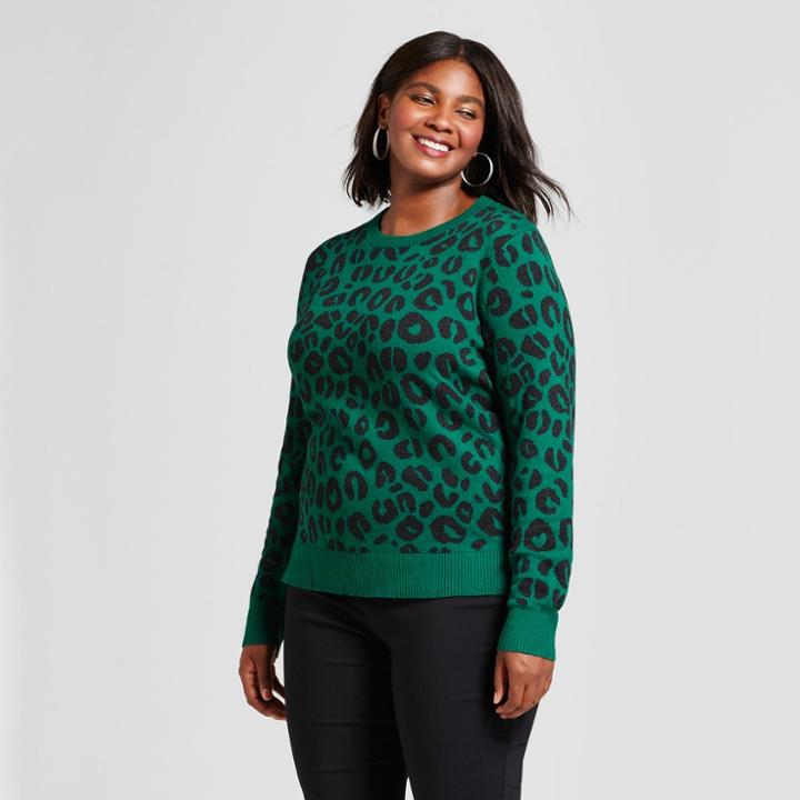 Women's Plus Size Pullover Sweater - A New Day Green Animal Print