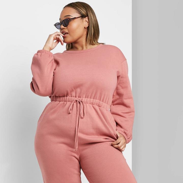 Women's Plus Size Long Sleeve Round Neck Fleece Jumpsuit - Wild Fable Rose 1x, Women's, Size: