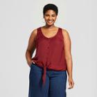 Women's Plus Size Button Front Tie Tank - A New Day Burgundy (red)