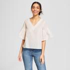 Women's Striped Ruffle Sleeve Shine Blouse - A New Day Cream L,