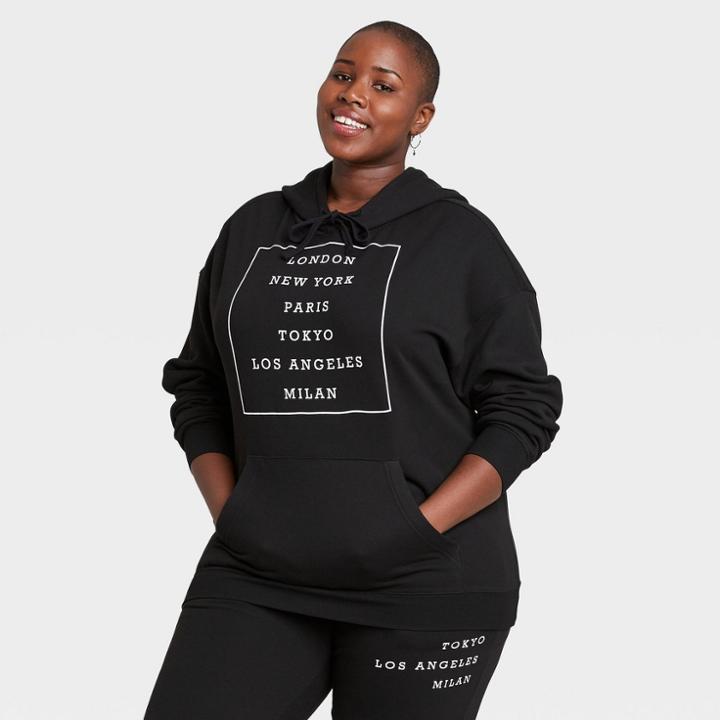 Zoe+liv Women's Plus Size Cities Square Hooded Graphic Sweatshirt - Black
