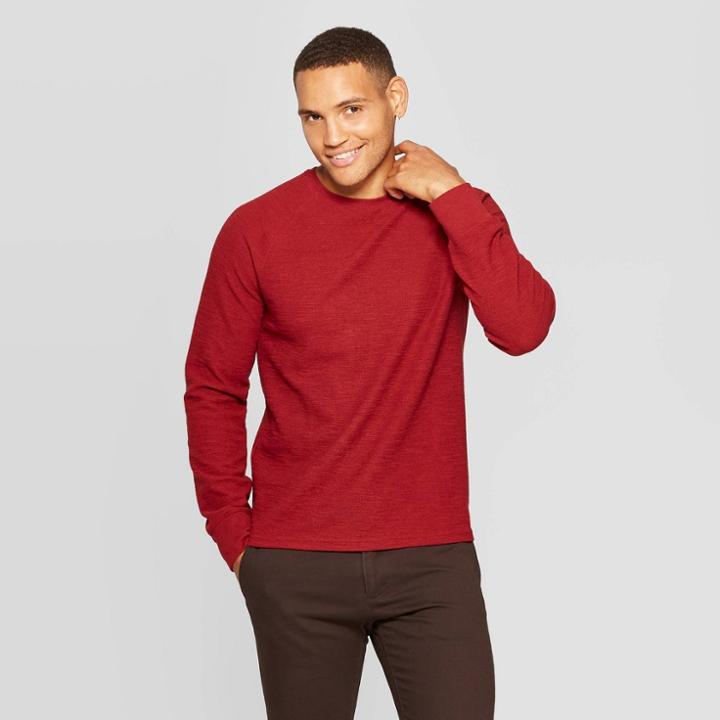 Men's Standard Fit Long Sleeve Textured Crew Neck Shirt - Goodfellow & Co Scarlet Mystery 2xl, Red