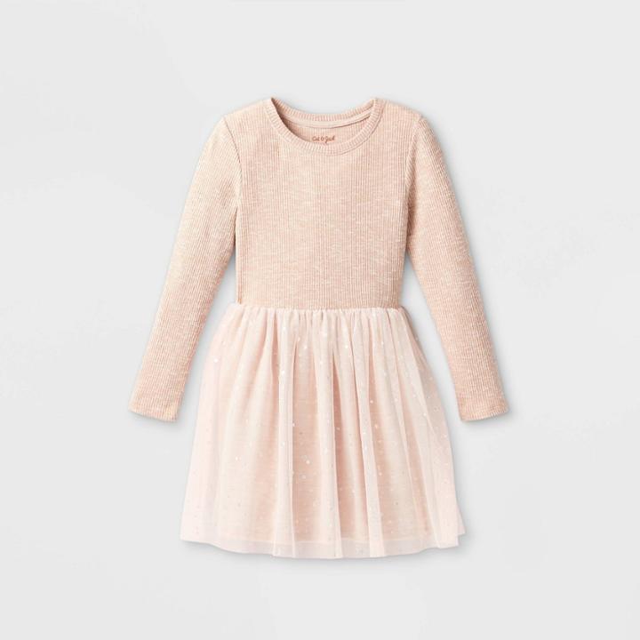 Girls' Long Sleeve Printed Cozy Tulle Dress - Cat & Jack Blush Pink