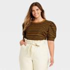Women's Plus Size Striped Puff Elbow Sleeve T-shirt - Who What Wear Brown