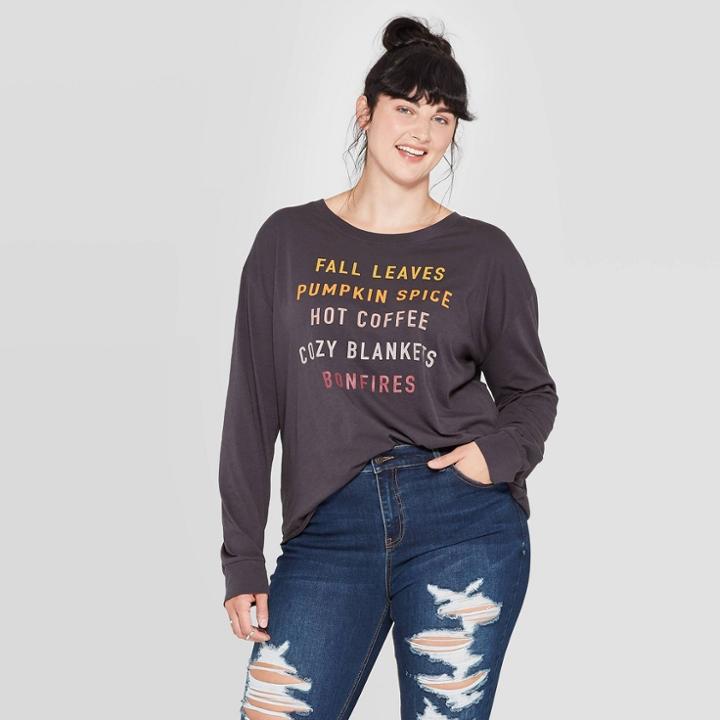 Fifth Sun Women's Fall Favorites Plus Size Long Sleeve T-shirt (juniors') - Black 1x, Women's,