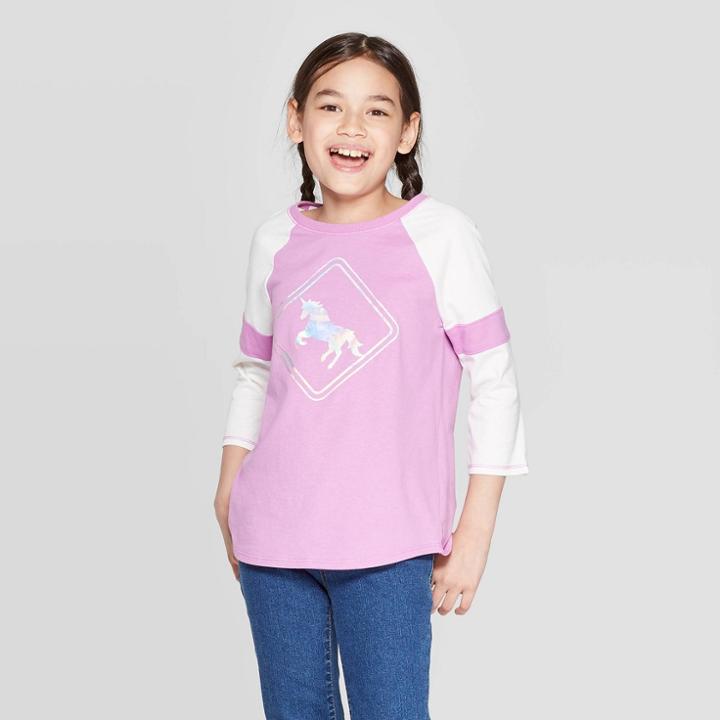 Girls' 3/4 Sleeve Unicorn Print Baseball T-shirt - Cat & Jack Purple