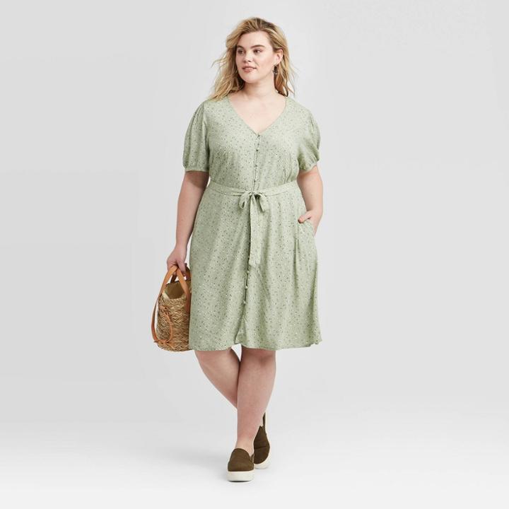 Women's Plus Size Floral Print Short Sleeve V-neck Button-front Tie Waist Dress - Universal Thread Green 1x, Women's, Size: