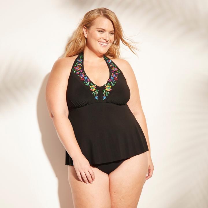 Women's Plus Size Embroidery Tankini - Aqua Green Black