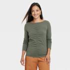 Women's Long Sleeve Slim Fit Boat Neck Ruched Front Top - A New Day Olive