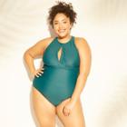 Women's Plus Size High Neck Keyhole One Piece Swimsuit - Kona Sol Teal Green