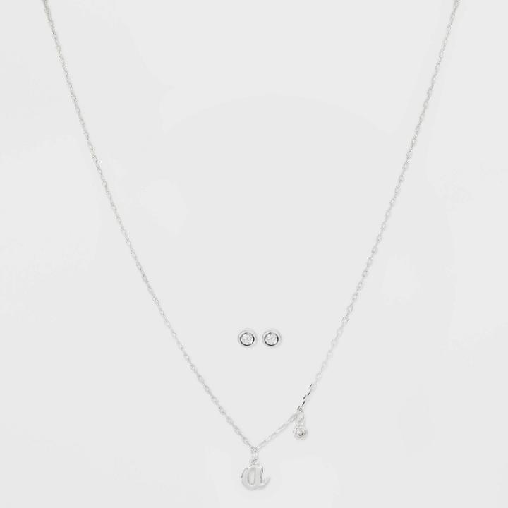 Silver Plated Cubic Zirconia Initial 'a' Chain Pendant Necklace And Earring Set - A New Day