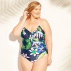 Target Women's Shirred Ruffle One Piece Swimsuit - Navy Blue Tropical Print