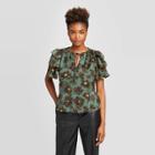 Women's Floral Print Flounce Short Sleeve Split Neck Peplum Ruffle Blouse - Who What Wear Green S, Women's,