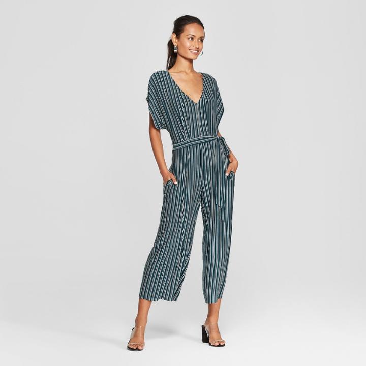 Women's Striped Short Sleeve Knit Jumpsuit - Lots Of Love By Speechless (juniors') Green/white