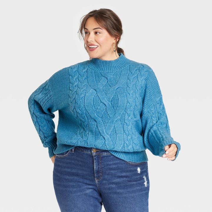 Women's Plus Size Mock Turtleneck Sweater - Ava & Viv Blue X