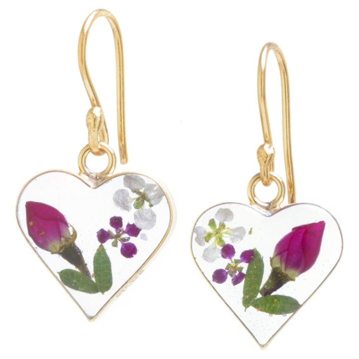 Distributed By Target Women's Gold Over Sterling Silver Pressed Flowers Small Heart Drop Earrings,