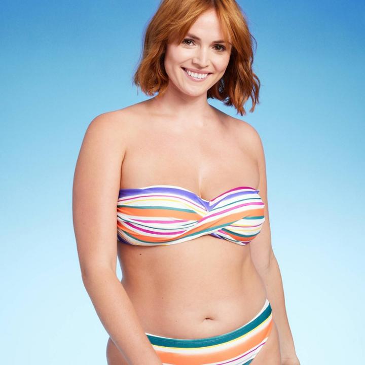 Women's Striped Twist Bandeau Bikini Top - Kona Sol Multi L, Black/ivory/green