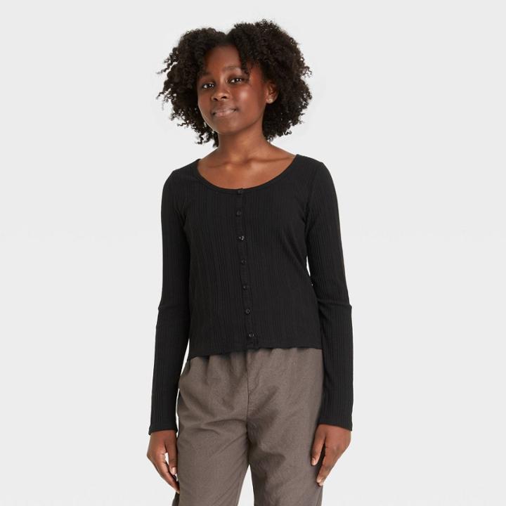 Girls' Rib Button-front Long Sleeve T-shirt - Art Class Black