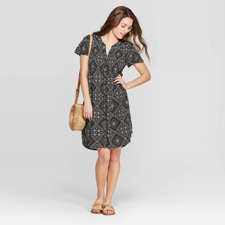 Women's Short Sleeve Button Front Dress With Smocking - Knox Rose Black