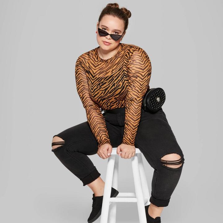 Women's Plus Size Animal Print Long Sleeve Crewneck Mesh Top - Wild Fable Brown/black