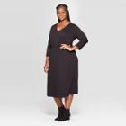 Women's Plus Size Long Sleeve V-neck Knit Wrap Midi Dress - Ava & Viv Black X, Women's