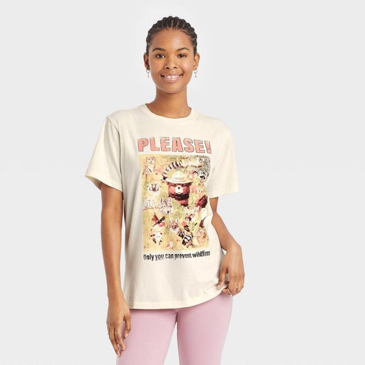 Smokey Bear Women's Smokey Short Sleeve Graphic T-shirt - Ivory Floral