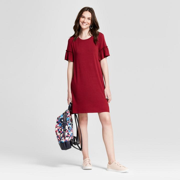 Women's Ruffle Sleeve T-shirt Dress - Mossimo Supply Co. Burgundy