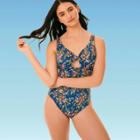 Women's Slimming Control Tie Front Cut Out One Piece Swimsuit - Beach Betty By Miracle Brands Blue Floral S, Women's,