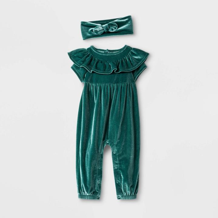 Petitebaby Girls' 2pc Short Sleeve Elevated Romper & Headband - Cat & Jack Green Newborn, Girl's