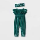 Petitebaby Girls' 2pc Short Sleeve Elevated Romper & Headband - Cat & Jack Green Newborn, Girl's
