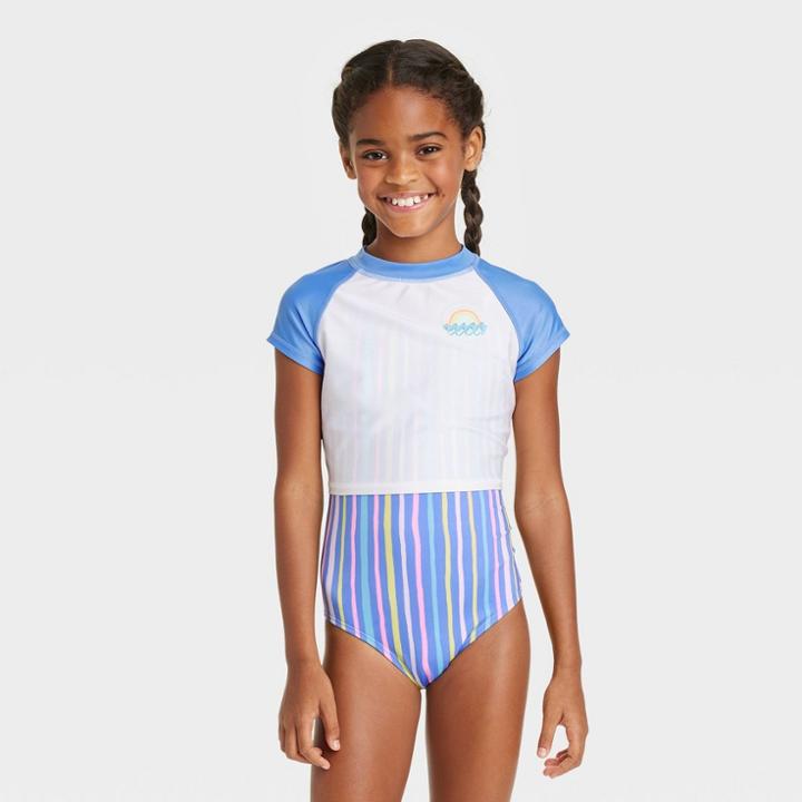 Girls' 2pc Taffy Striped Short Sleeve Rash Guard Set - Cat & Jack
