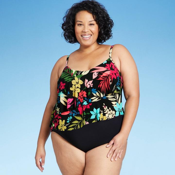 Women's Plus Size Plunge Wrap Tiered One Piece Swimsuit - Aqua Green Black