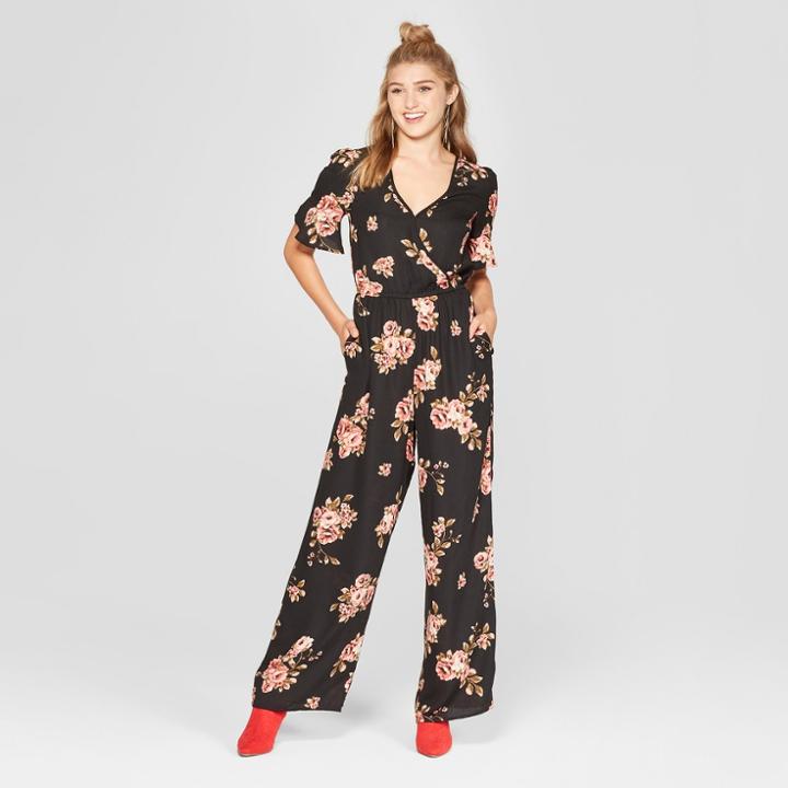 Women's Floral Print Short Sleeve Wrap Jumpsuit - Xhilaration Black